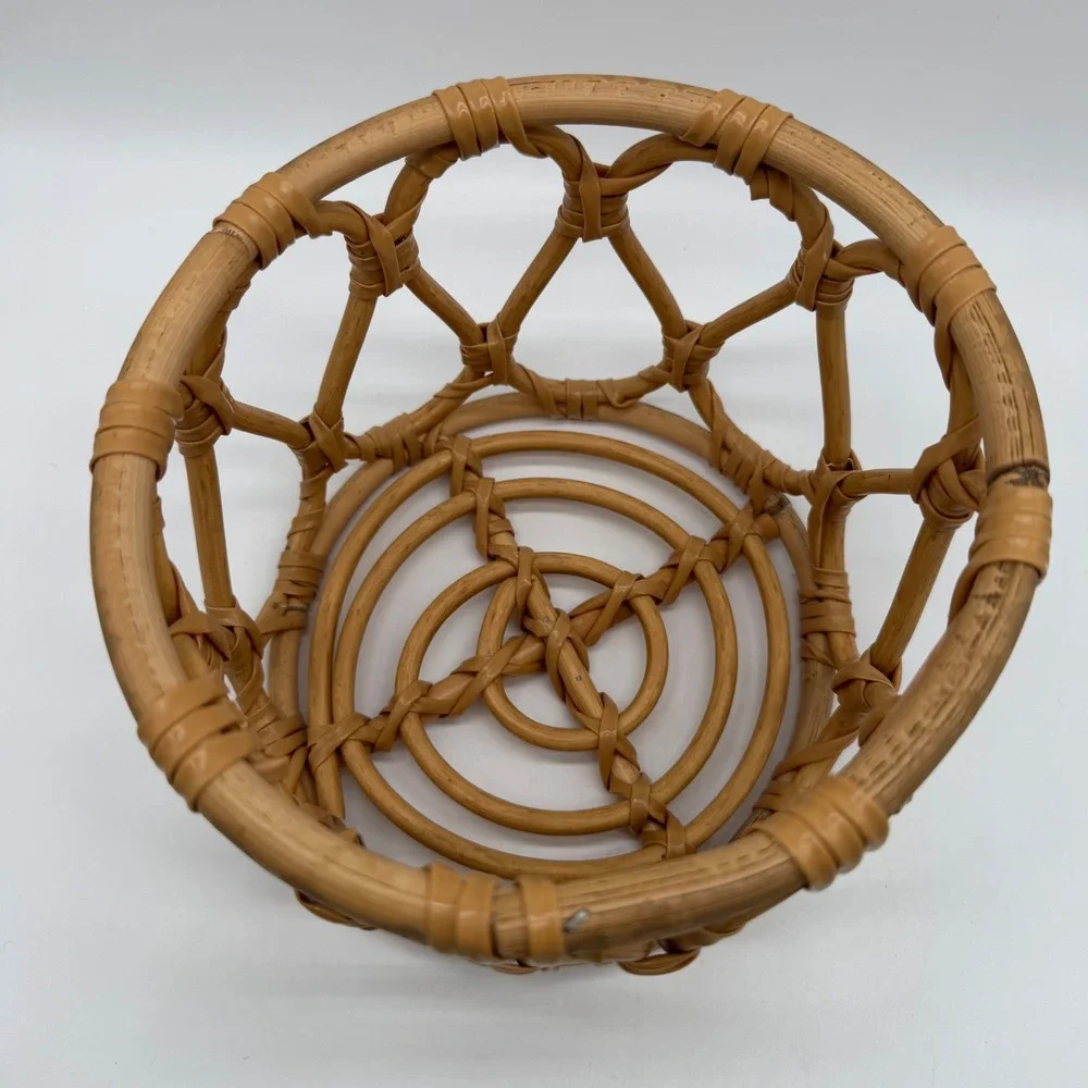 Vintage 1970s Rattan Plant Pot Basket Holder Openwork Boho Planter 8x6
